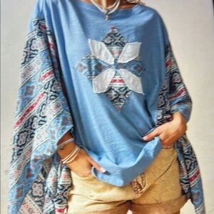 Bohemian Blue and Beige Poncho Top. 021